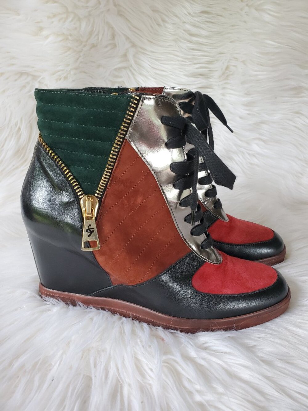 Guido Sgariglia Multicolor Patchwork Lace Up Wedge Heel High Top Sneakers SZ 9
